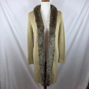 Vintage Oxford Fulham Long Cardigan Sweater Beige with Brown Faux Fur Trim